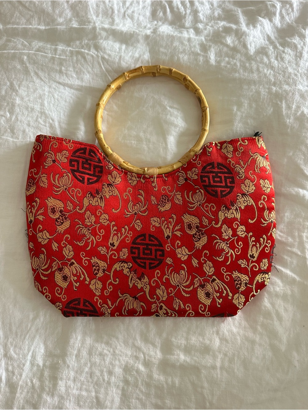 Red Floral Brocade Tote with Bamboo Handles